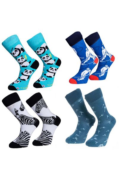 Exve Exclusive Σετ 4 κάλτσες Unisex με χαρούμενα & πολύχρωμα σχέδια Panda, χόκεϊ, ζέβρα, φύση