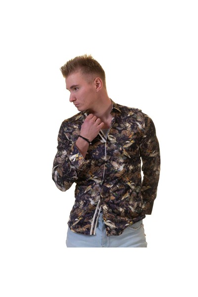 Exve Exclusive Мъжка риза Slim Fit с кафяв, кремав принт и дигитален принт на птици