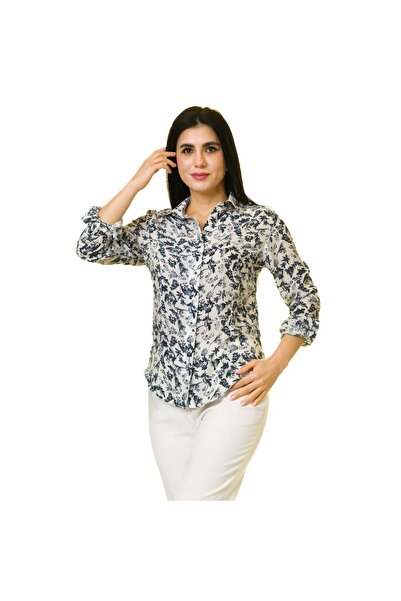 Exve Exclusive Біла жіноча сорочка з синім візерунком