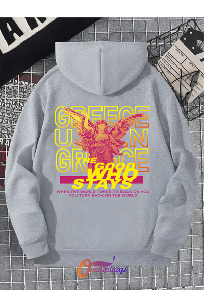 oneagılyazı سويت شيرت بغطاء للرأس كبير الحجم مطبوع باللغة اليونانية للجنسين