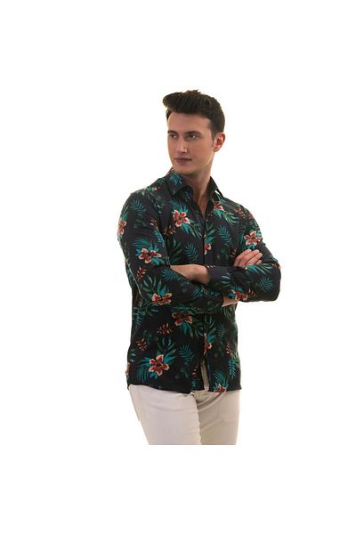 Exve Exclusive Námořnická modrá Vínová košile Slim Fit s potištěným designem zelených listů