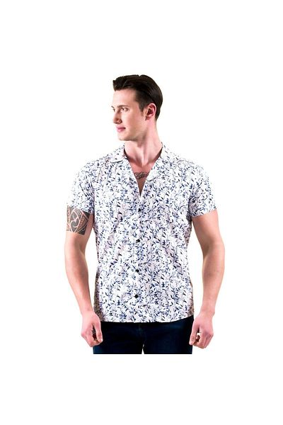 Exve Exclusive Cămașă de vară cu mânecă scurtă hawaiană din bumbac cu imprimeu floral albastru pe alb