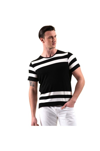 Exve Exclusive Μαύρο στήθος με λευκές ρίγες Ανδρικό μπλουζάκι με λαιμόκοψη με λαιμόκοψη