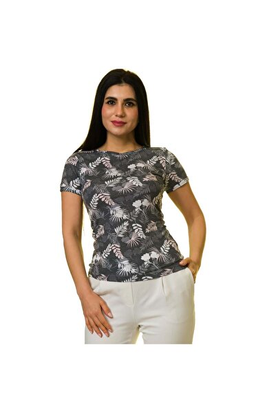 Exve Exclusive White on Gray Pink Leaf Crew Neck Women's T-Shirt T-shirt