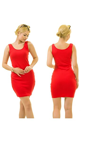 Exve Exclusive Red Strap Ribbed Stretch Mini Short Knitted Dress Dress