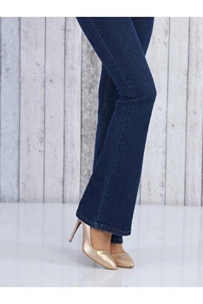 mooishan Ispanyol Paça Likralı Lacivert Kadın Jeans Pantolon, Ispanyol Paça Yüksek Bel Kadın Jeans