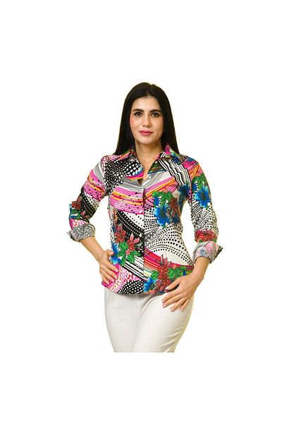 Exve Exclusive Cămașă de damă cu imprimare digitală multicoloră pe alb