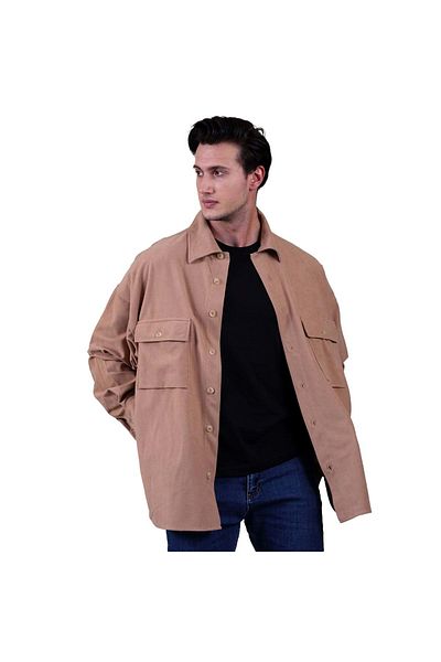 Exve Exclusive Camel Milk Brown Απλό Μονόχρωμο Απλό Oversize Χειμερινό 4 τσέπες Loose Lumberjack Μεγάλο Μέγεθος Suede Πουκάμισο