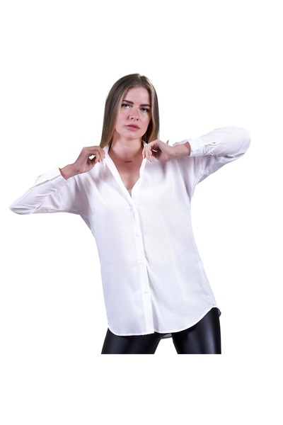 Exve Exclusive Tunica de cămașă lungă din viscoză, albă, de o singură culoare, țesută respirabilă