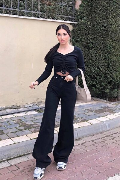 mooishan جينز جوليا جينز نسائي أسود عالي الخصر مريح من الليكرا واسع الساق من ...