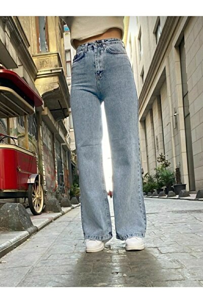 mooishan Yüksek Belli Kar Yıkama Kadın Salaş Jeans - Mavi Yüksek Bel Kadın Palazzo Kot Pantolon