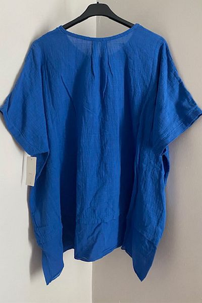 AYASOFYA OTANTIK Tunica supradimensionata pentru dama cu broderie albastra - 100% bumbac, marime mare