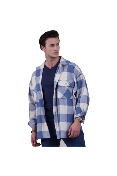 Exve Exclusive Світло-блакитна бежева картата oversize зимова сорочка з 4 кишенями, великий розмір, сорочка в стилі лісоруба