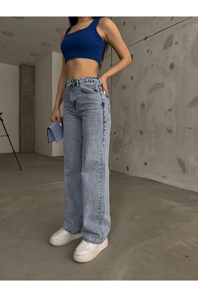 mooishan بنطال جينز إيفانا أزرق فاتح عالي الخصر من الليكرا - مرن، بأرجل واسعة