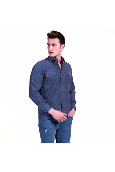 Exve Exclusive Синя джинсова сорочка з кишенями, зшита в стилі вестерн, з вузьким кроєм та кишенями