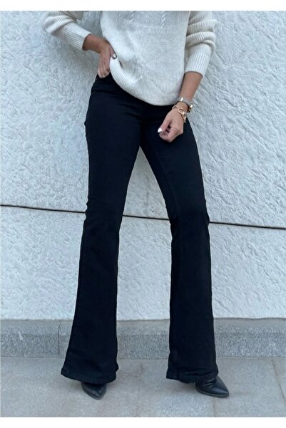 mooishan Yüksek Bel Siyah Ispanyol Paça Jeans Likralı Esnek Kot Pantolon