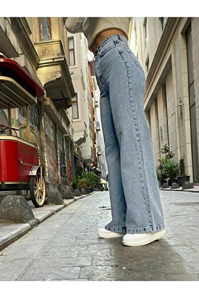 mooishan Yüksek Belli Kar Yıkama Kadın Salaş Jeans - Mavi Yüksek Bel Kadın Palazzo Kot Pantolon