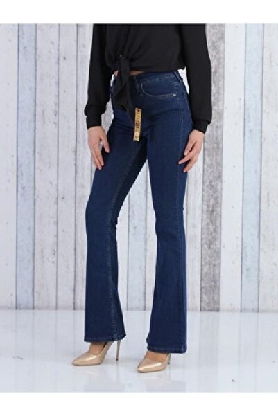 mooishan Ispanyol Paça Likralı Lacivert Kadın Jeans Pantolon, Ispanyol Paça Yüksek Bel Kadın Jeans