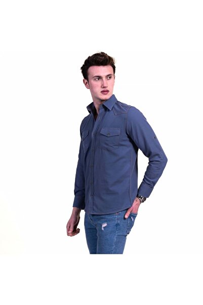 Exve Exclusive Синя джинсова сорочка з кишенями, зшита в стилі вестерн, з вузьким кроєм та кишенями