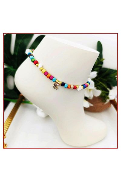 Bijustore Crescent Women's Anklet - Colorful Bamboo Bead and Pearl Stone