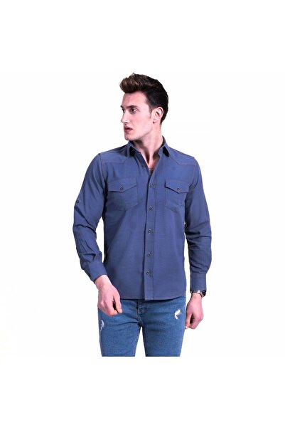 Exve Exclusive Синя джинсова сорочка з кишенями, зшита в стилі вестерн, з вузьким кроєм та кишенями