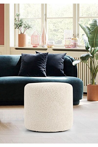 PUFANNA Handmade Beyaz Tedy Kumaş Silindir Dekoratif Pufidik Puf Bench