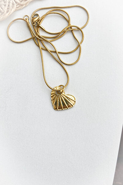 roshel Çelik Çizgili Kalp Model Altın Renk İnce Zincir Çelik Kolye