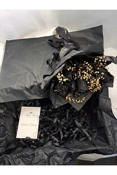 BOUQUET ATELİER Αιώνια αγάπη 9 τεμαχίων τεχνητό μαύρο τριαντάφυλλο και μπουκέτο μαύρης συσκευασίας