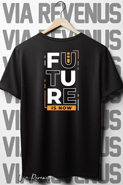 Vordevia Crna Oversize kroj T-shirt - Budućnost je sada nazad Štampano