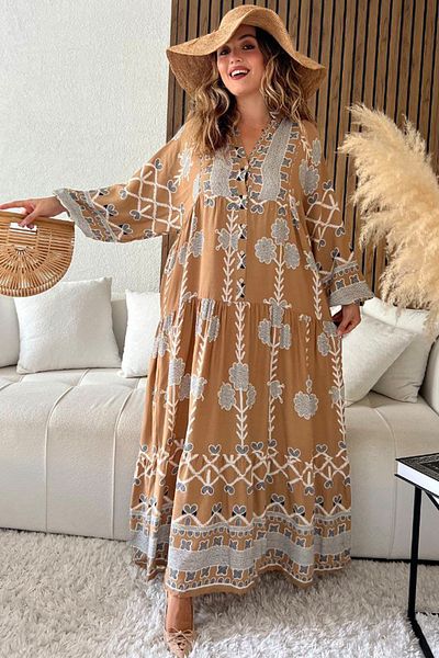 AYASOFYA OTANTIK Ανοιχτό καφέ Ethnic Pattern - Μακρύ γυναικείο φόρεμα με κουμπιά και λεπτομέρεια μπαλόνι