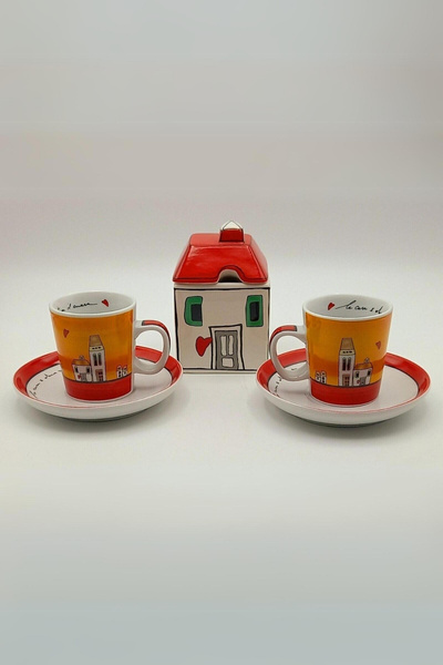 Egan Italy Le Casette 2'li Kahve Fincanı ve Şekerlik Seti Kırmızı