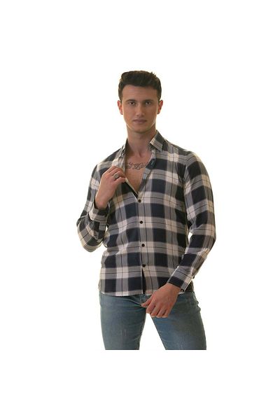 Exve Exclusive Navy Blue White Plaid Checked Cardboard Boxed Slim Fit Long Sleeve Men's Shirt