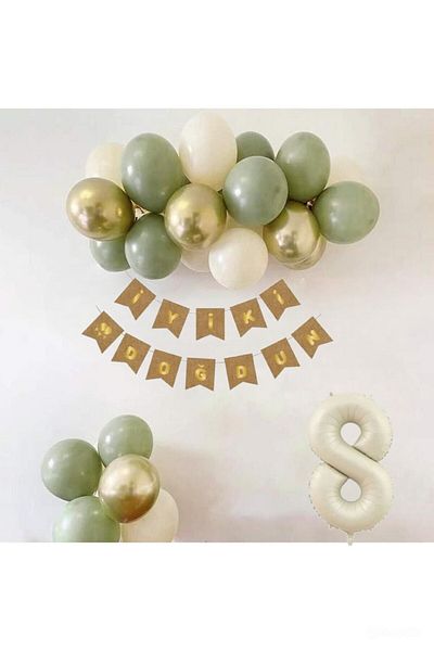 DÜVENCİ TİCARET Mould Green Birthday Set with Sea Sand and Chrome Gold Balloons