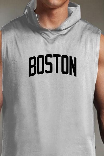 BESSA Boston Printed Gray Men's Athlete - Oversize Crew Neck, Cotton Hooded, Sleeveless Athlete T-Shirt