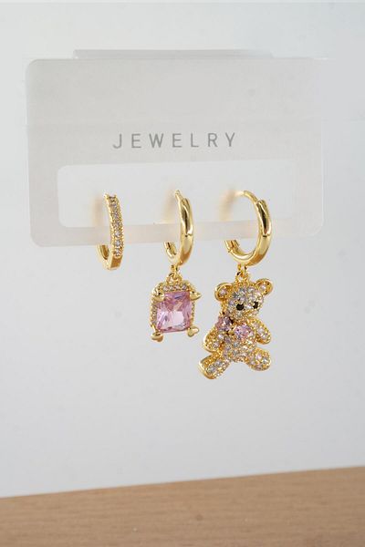 By Zeyna Aksesuar Vip Series Zircon Stone 3-Piece Mixed Figure Earrings - zrk00552