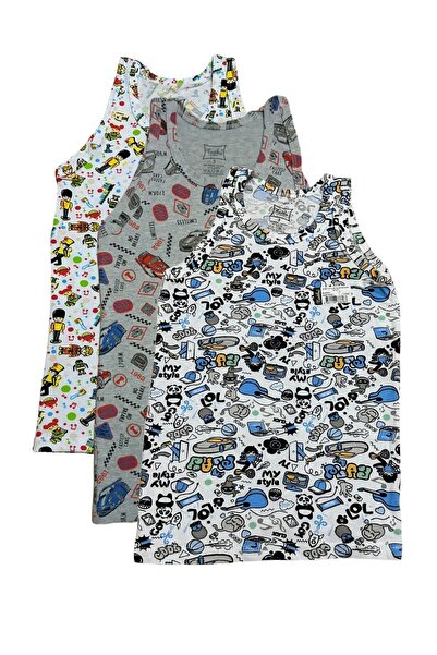 Tutku Boy's Elastan Emp.Printed Lycra Wide Strap Cotton Tank Top 3-Pack