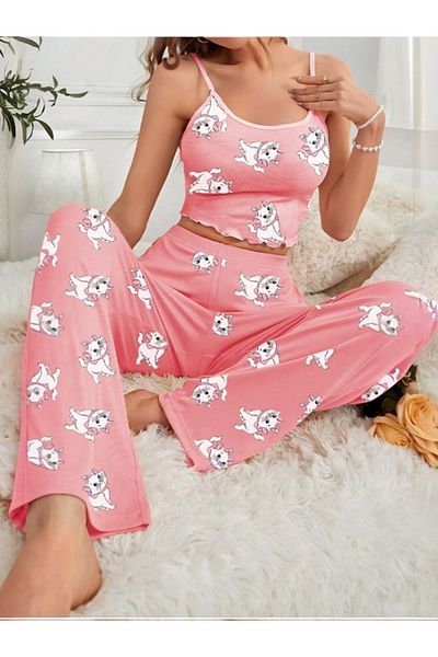 Cesur Women's Strap Long Pajama Set PinkCatBig1