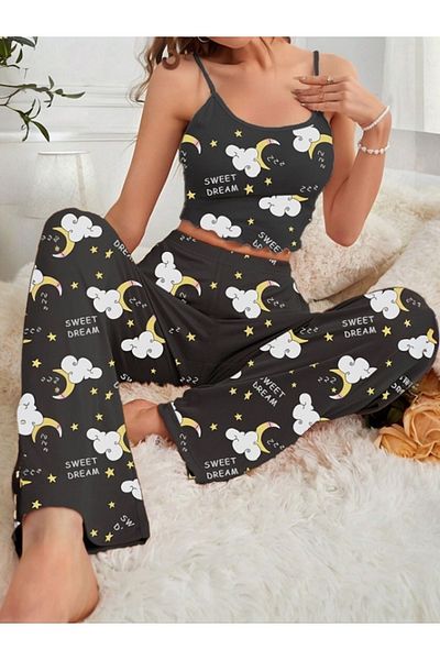 Cesur Women's Strap Long Pajama Set BlackMoon1