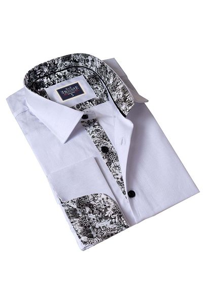 Exve Exclusive White Inside Black Flower Detailed French Double Cuff Sleeve Button Gift Cardboard Boxed Shirt