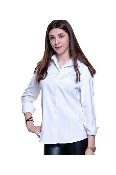 Exve Exclusive White Tone-Tone Polka Dot Patterned Long Sleeve Women's Shirt