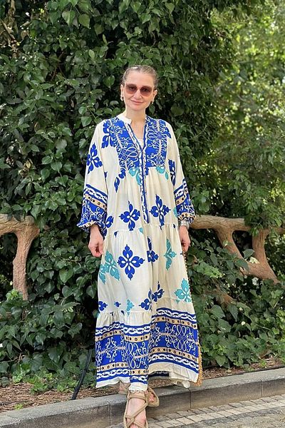 AYASOFYA OTANTIK Model etnic albastru - Rochie de damă cu mânecă lungă cu detaliu nasturi