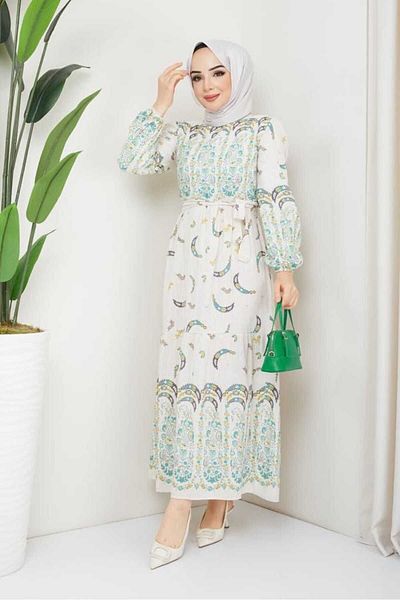 BAV Butik Ayvitrin Women's Authentic Banana Pattern Linen Linen Hijab Dress