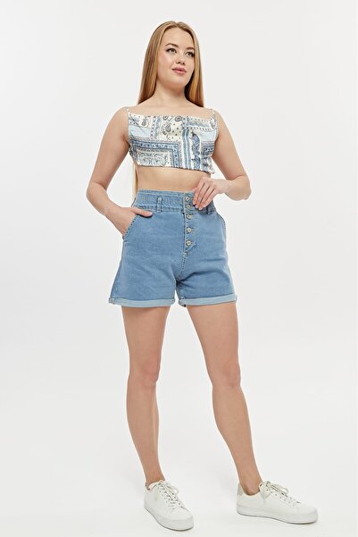 Vovikon Pantaloni scurți din denim pentru femei - picior dublu, 5 nasturi