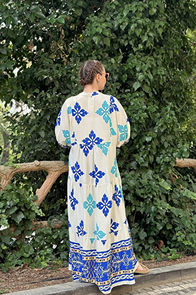 AYASOFYA OTANTIK Model etnic albastru - Rochie de damă cu mânecă lungă cu detaliu nasturi