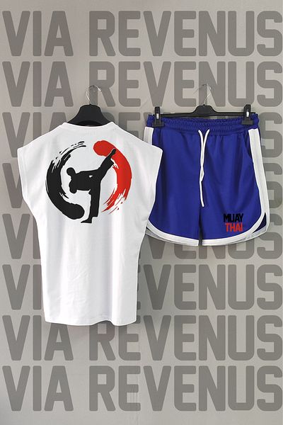 Vordevia Λευκό αθλητικό μπλουζάκι Muay Thai - Σετ με στάμπα στην πλάτη, μηδενικά μανίκια, μπλε σορτς
