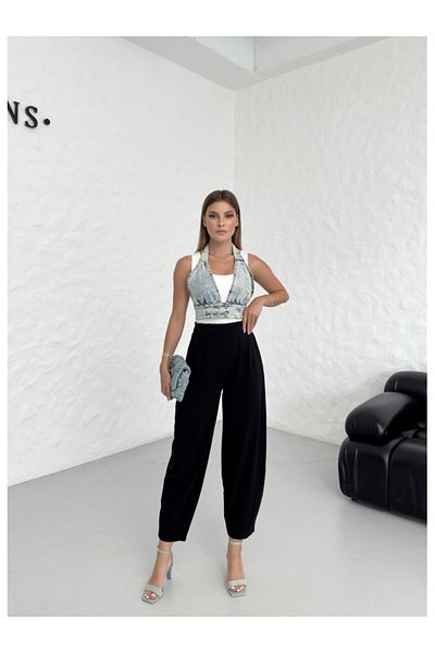 Elif Özbey Butik Pantaloni negri cu talie plisată