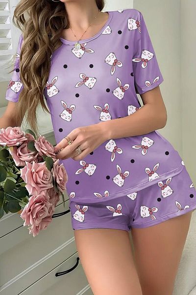 MEYLİYA lilac rabbit print short-sleeved shorts and pajama set - YSMN