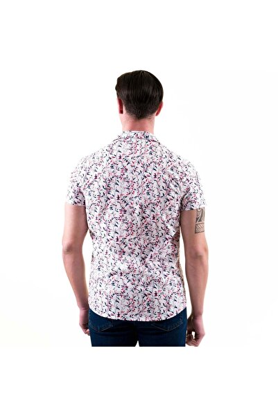 Exve Exclusive Red Blue Floral Printed Cotton Hawaiian Open Neck Short Sleeve Summer Shirt on White