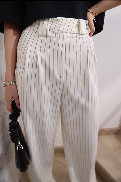 lovebox Waist Detailed Striped Pattern High Waist Wide Leg Ecru Women's Trousers 2042