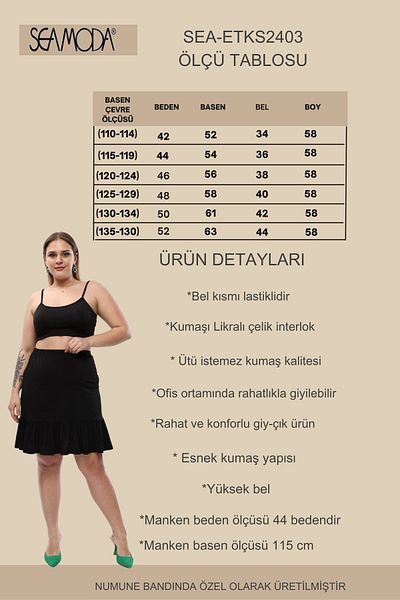 Seamoda Marime Plus - Fusta neagră confortabilă cu talie elastică, volane și lycra